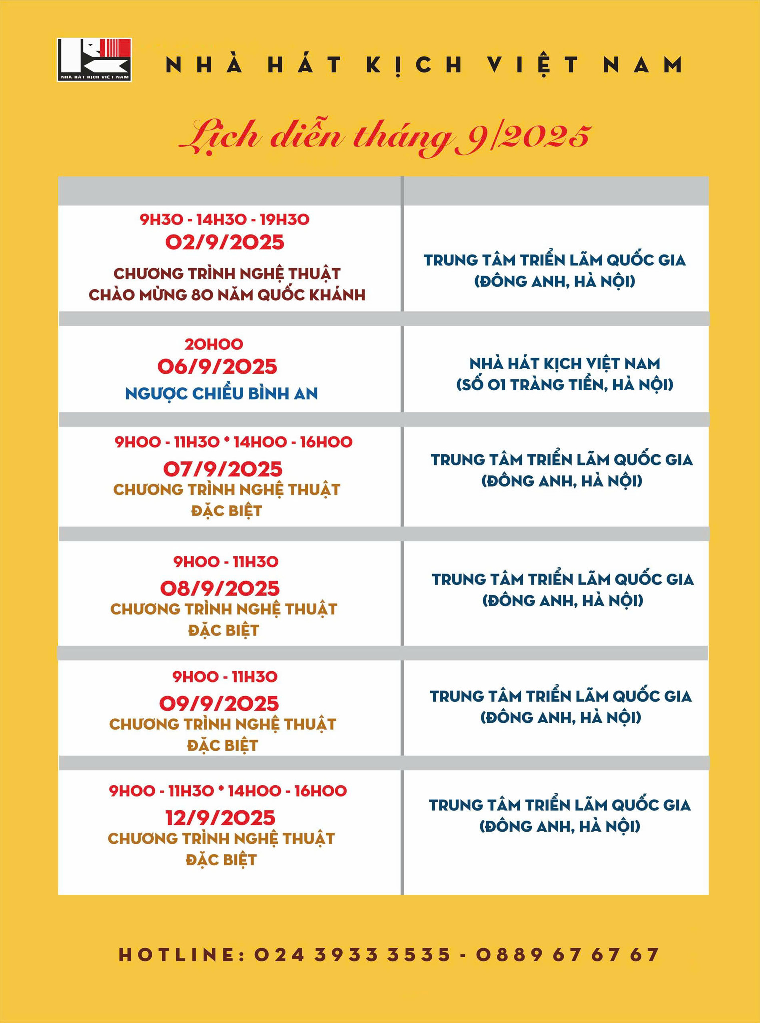 LỊCH BIỂU DIỄN THÁNG 9/2025