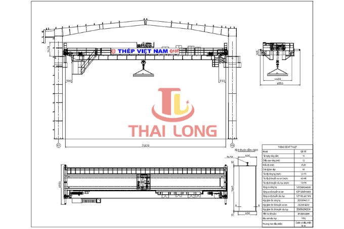 Bản vẽ mặt đứng cầu trục nâng hạ tiêu chuẩn tải trọng 10T sử dụng cấu hình móc cẩu rèn đúc