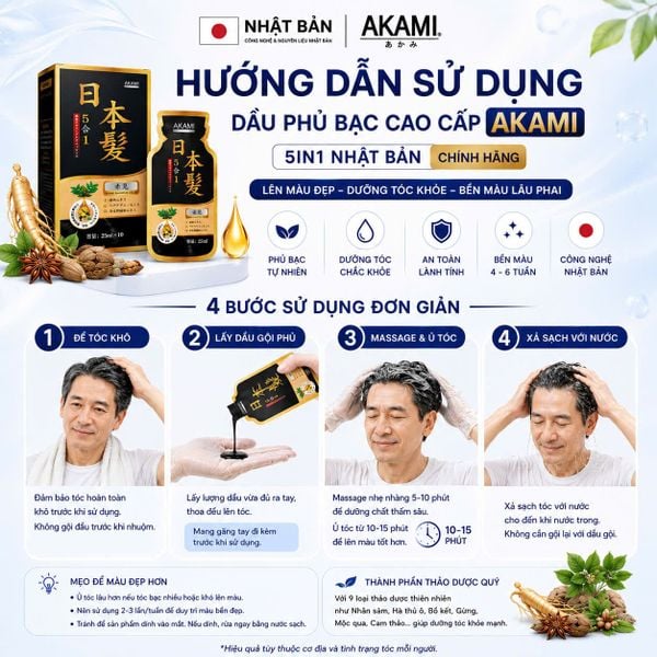 [1 Hộp 10 Gói Cao Cấp] Dầu gội phủ bạc cao cấp AKAMI 5in1 Nhật Bản 250ml, nhuộm tóc thảo dược X10 tự nhiên