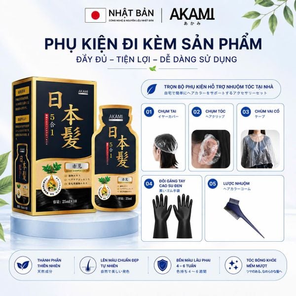 [1 Hộp 10 Gói Cao Cấp] Dầu gội phủ bạc cao cấp AKAMI 5in1 Nhật Bản 250ml, nhuộm tóc thảo dược X10 tự nhiên