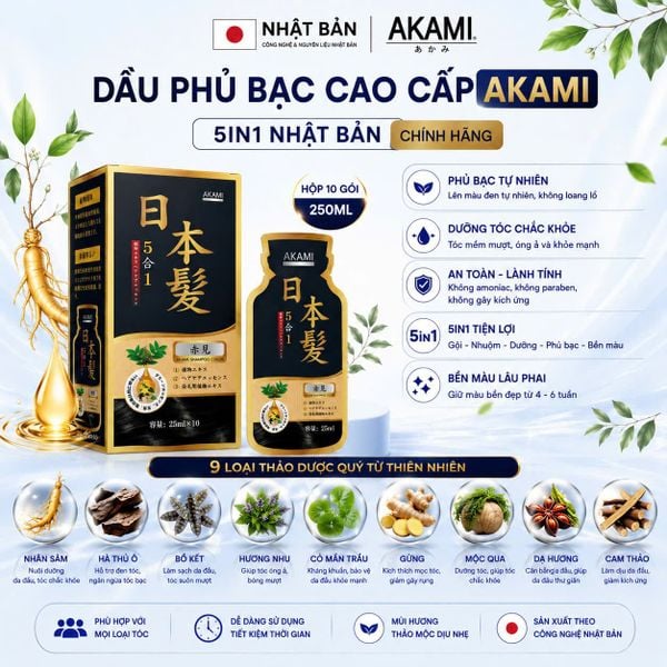 [1 Hộp 10 Gói Cao Cấp] Dầu gội phủ bạc cao cấp AKAMI 5in1 Nhật Bản 250ml, nhuộm tóc thảo dược X10 tự nhiên