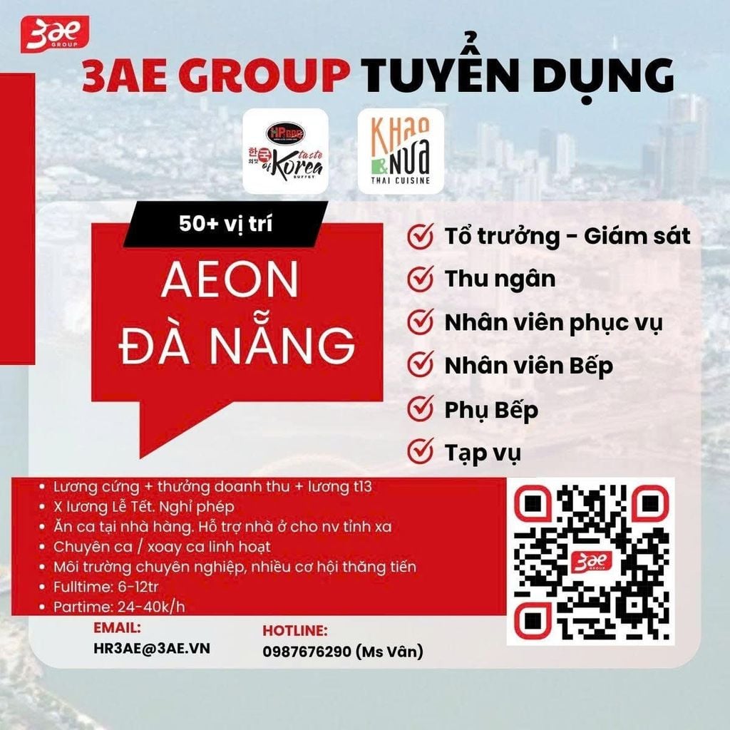 TUYỂN DỤNG NHÂN SỰ NHÀ HÀNG CƠ SỞ AEON MALL THANH KHÊ - ĐÀ NẴNG