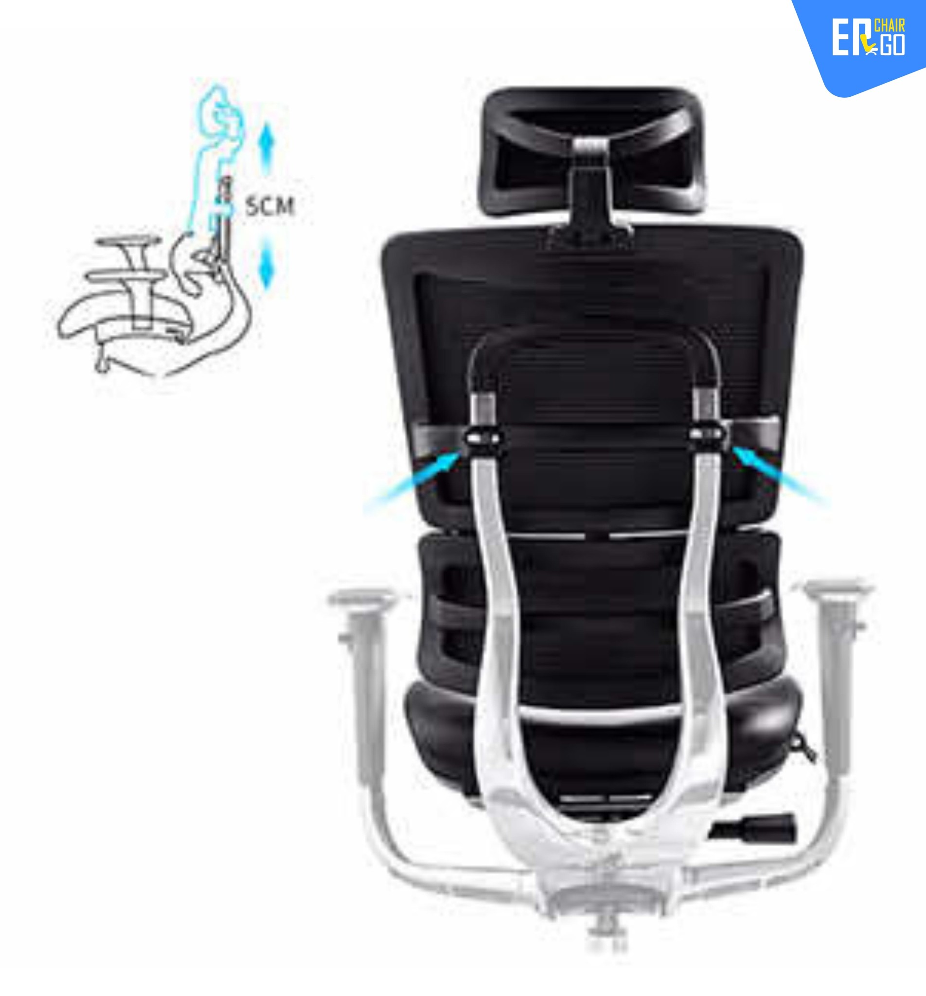 Ghế Công Thái Học BChair B-801L phiên bản lưới (sẵn gác chân) có Khung lưng 2 mảnh uốn cong chuẩn công thái học, nâng hạ 5 cấp độ, khóa ngả linh hoạt