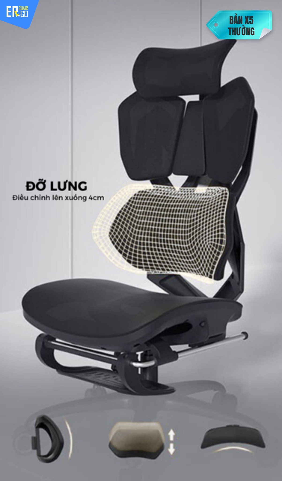 Ghế Công Thái Học Gami X5 (bản pro và bản thường) có Tựa lưng Flexback 4 mảnh ôm trọn cột sống, nâng hạ gối đệm thắt lưng 4cm, ngả lưng gần 140 độ