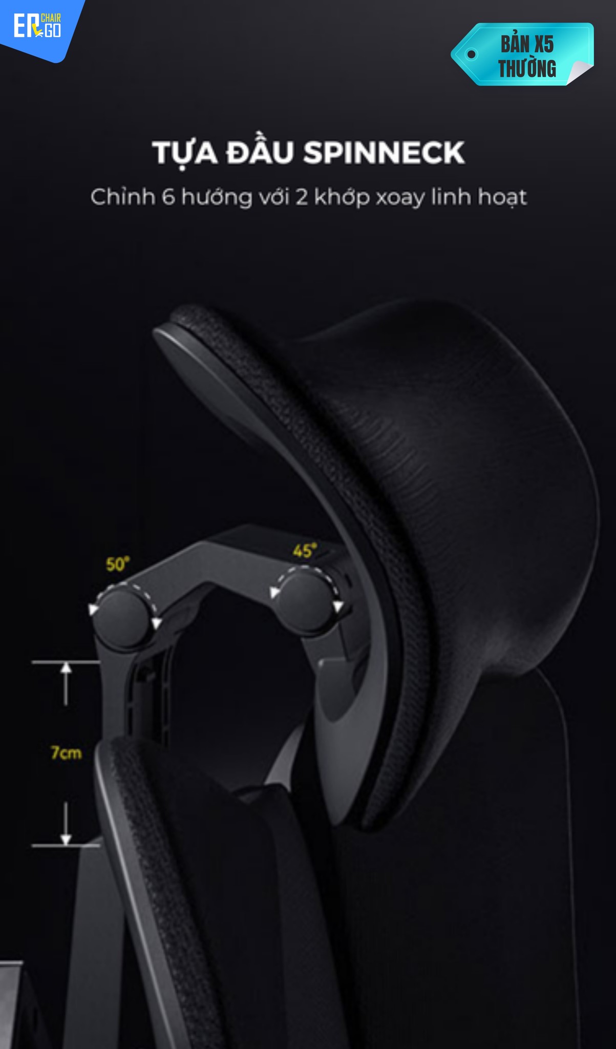 Ghế Công Thái Học Gami X5 (bản pro và bản thường) có Tựa đầu SpinNeck 3D bản lớn, nâng hạ 7cm, điều chỉnh đa trục