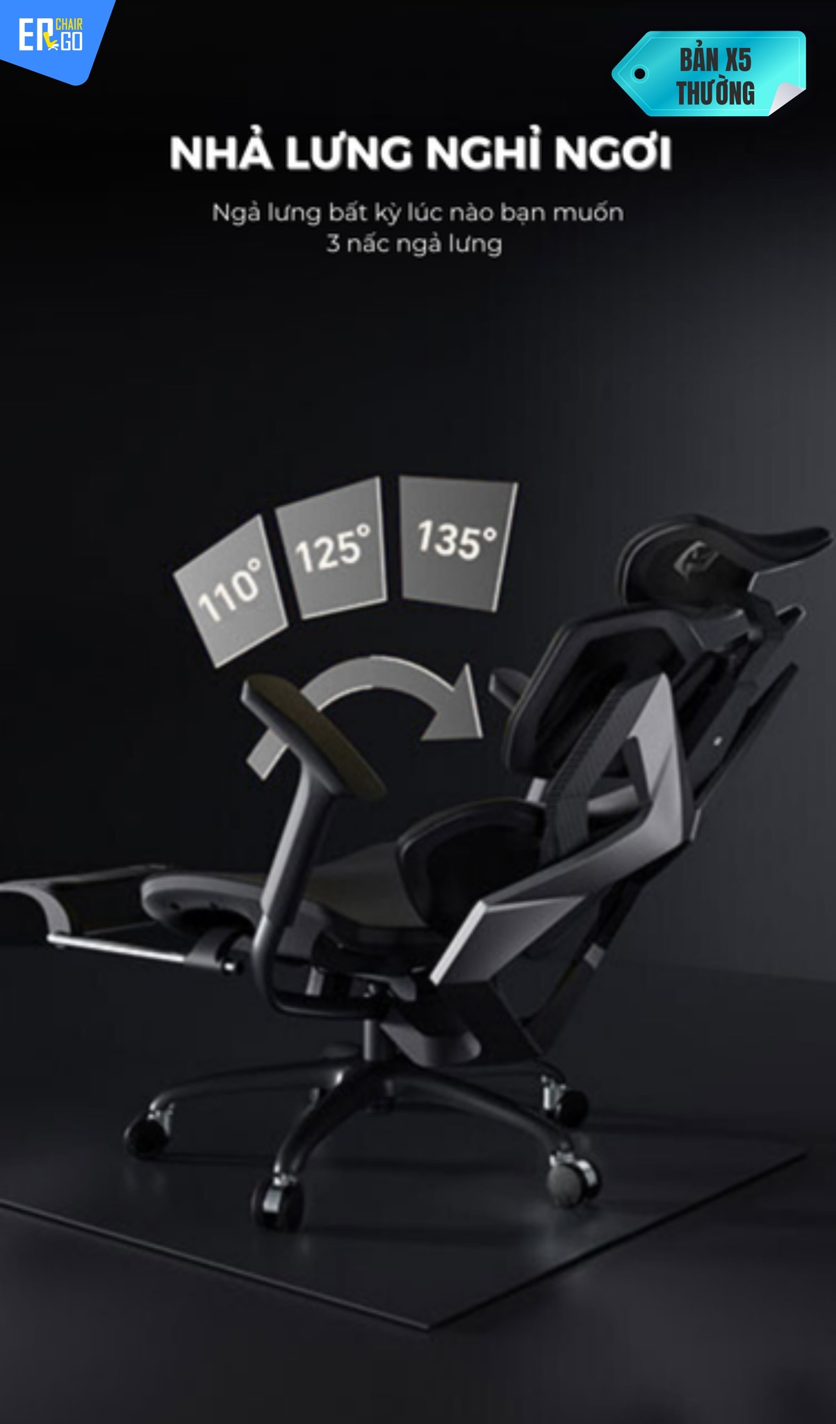 Ghế Công Thái Học Gami X5 (bản pro và bản thường) có Tựa lưng Flexback 4 mảnh ôm trọn cột sống, nâng hạ gối đệm thắt lưng 4cm, ngả lưng gần 140 độ