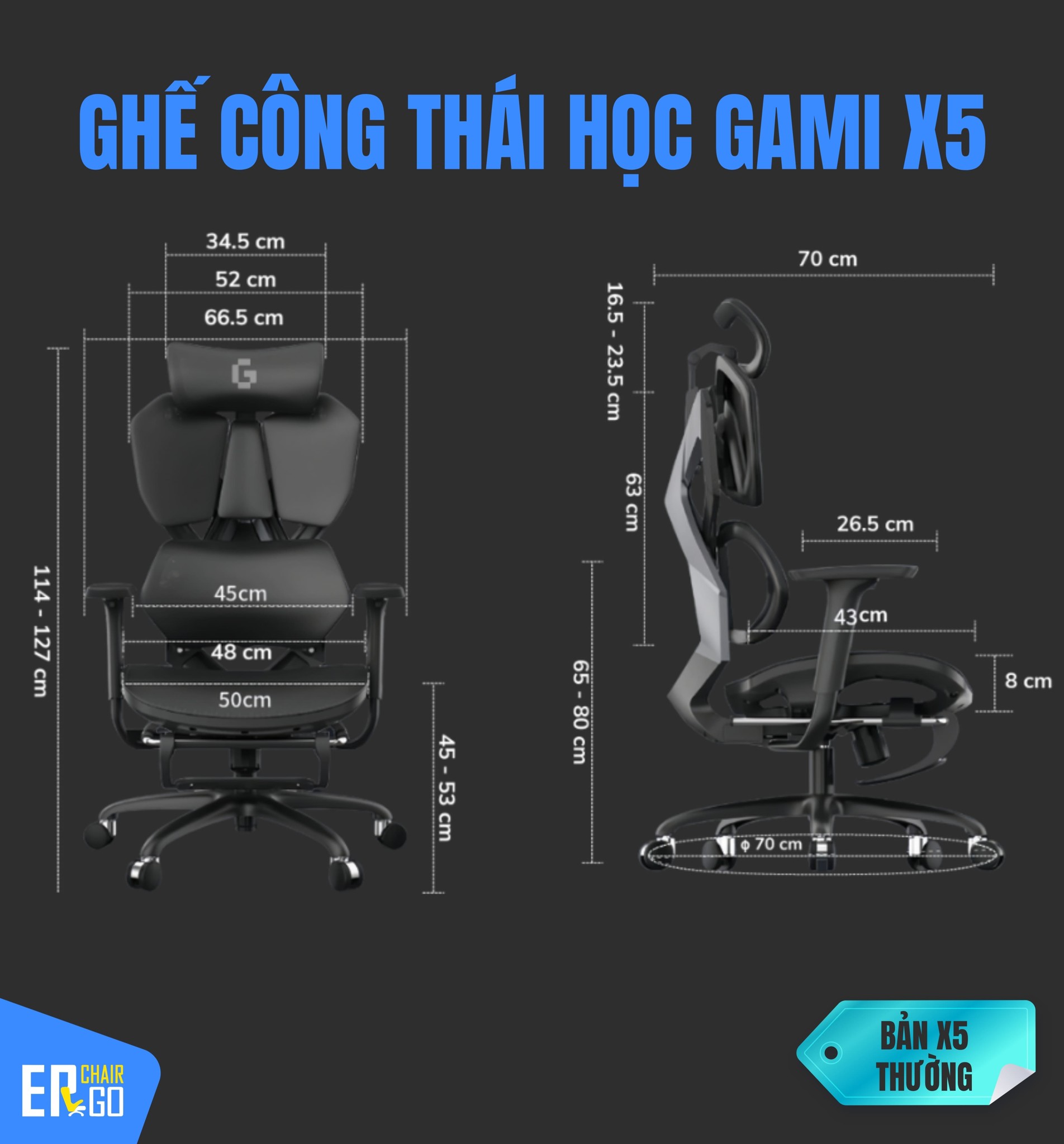 Kích thước Ghế Công Thái Học Gami X5 (bản pro và bản thường)