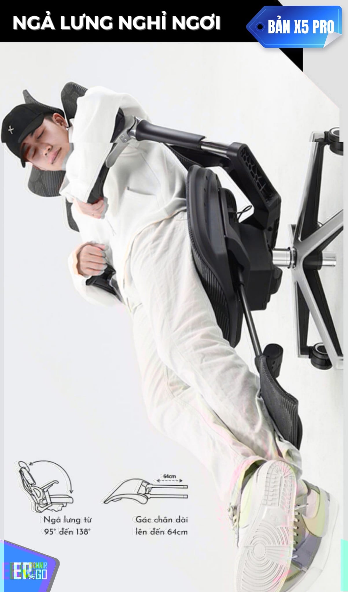 Ghế Công Thái Học Gami X5 (bản pro và bản thường) có Tựa lưng Flexback 4 mảnh ôm trọn cột sống, nâng hạ gối đệm thắt lưng 4cm, ngả lưng gần 140 độ