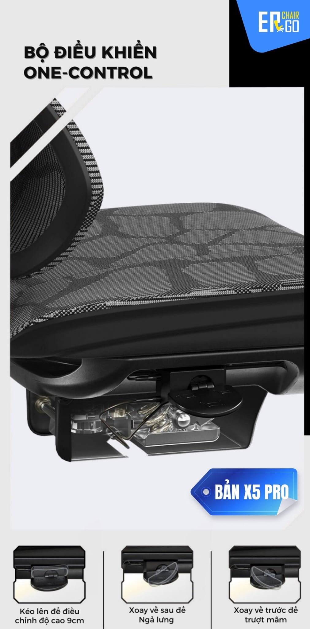 Ghế Công Thái Học Gami X5 (bản pro và bản thường) có Khung gầm bản thường tích hợp cần gạt 2 trong 1, bản Pro tích hợp lẫy gạt 3 trong 1