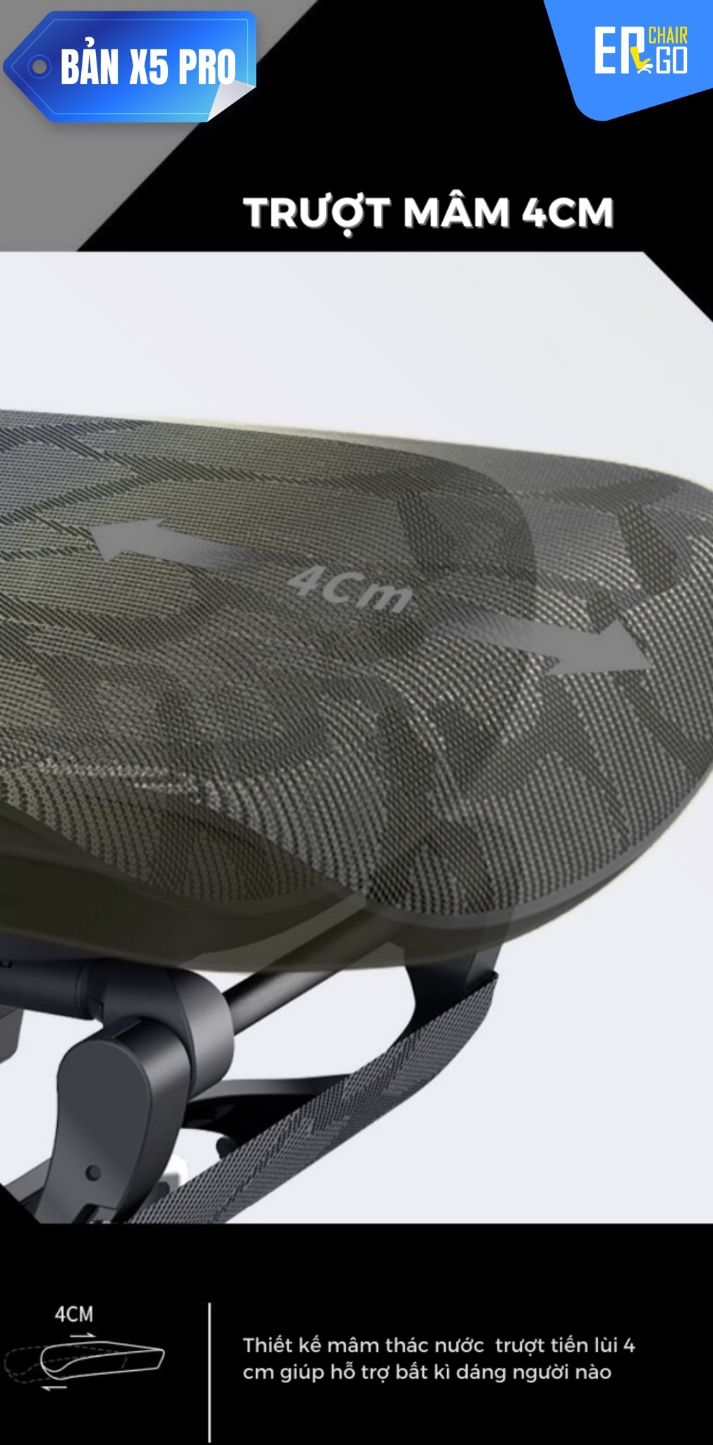 Ghế Công Thái Học Gami X5 (bản pro và bản thường) có Mâm ghế thác nước thoáng khí, bản Pro có thêm chức năng trượt tới - lui 4cm