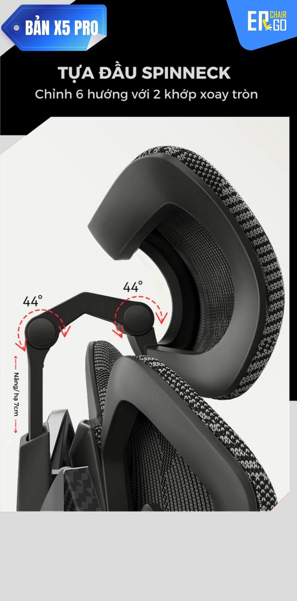 Ghế Công Thái Học Gami X5 (bản pro và bản thường) có Tựa đầu SpinNeck 3D bản lớn, nâng hạ 7cm, điều chỉnh đa trục
