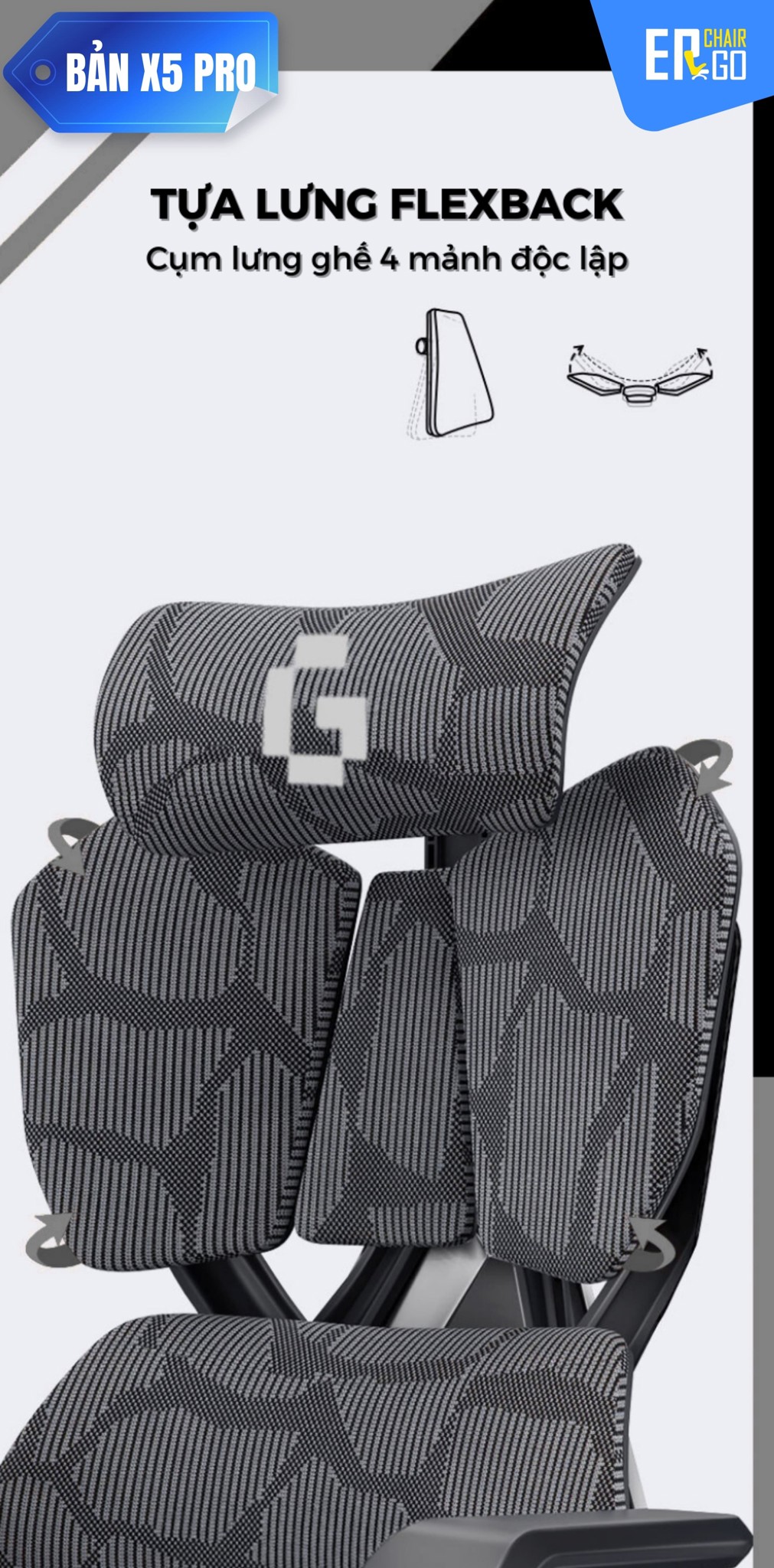 Ghế Công Thái Học Gami X5 (bản pro và bản thường) có Tựa lưng Flexback 4 mảnh ôm trọn cột sống, nâng hạ gối đệm thắt lưng 4cm, ngả lưng gần 140 độ