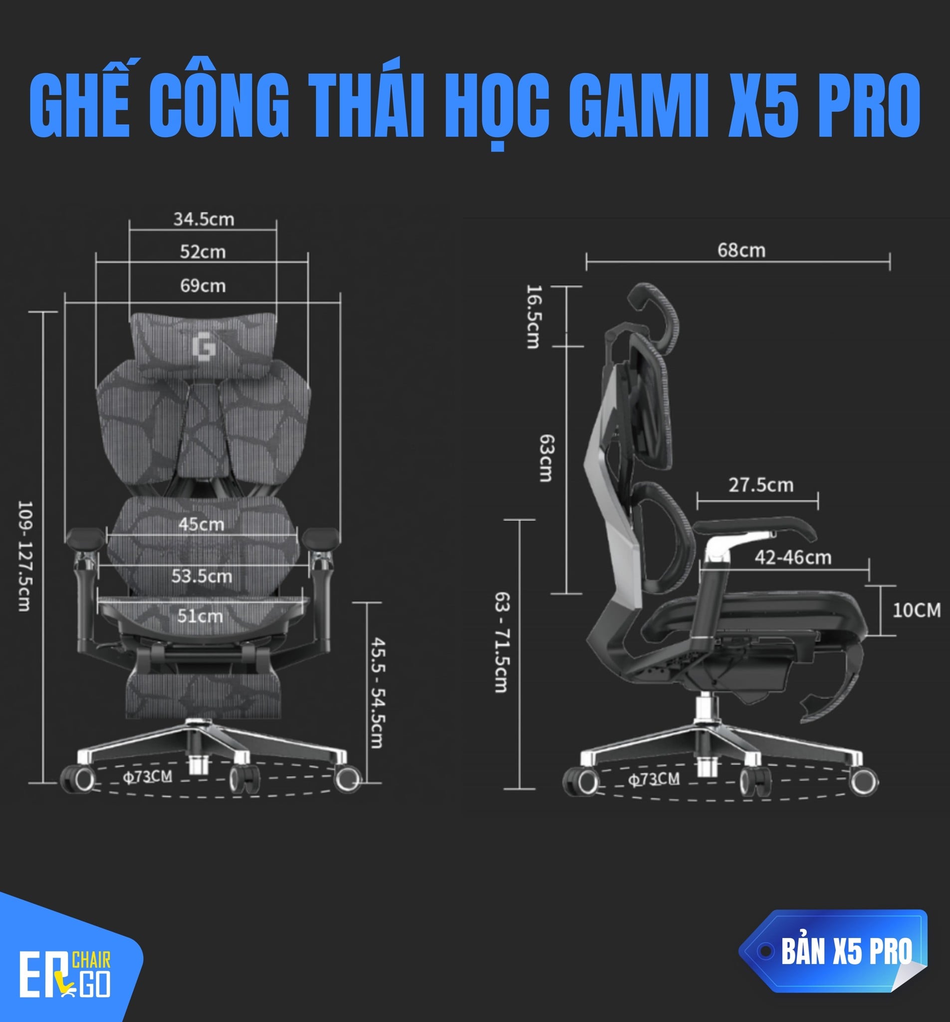 Kích thước Ghế Công Thái Học Gami X5 (bản pro và bản thường)