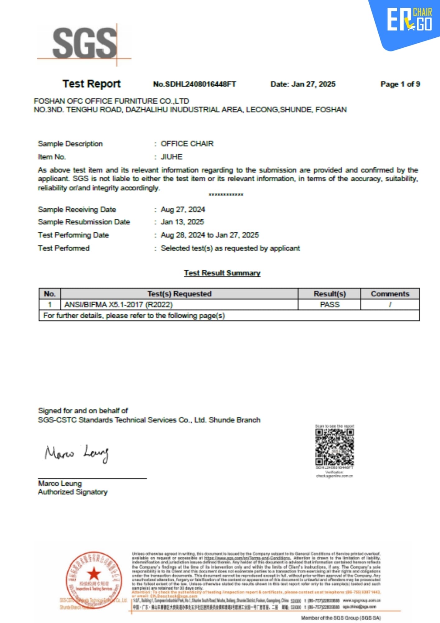 Chứng nhận SGS của Ghế Công Thái Học Giám Đốc B-Chair BP-101J