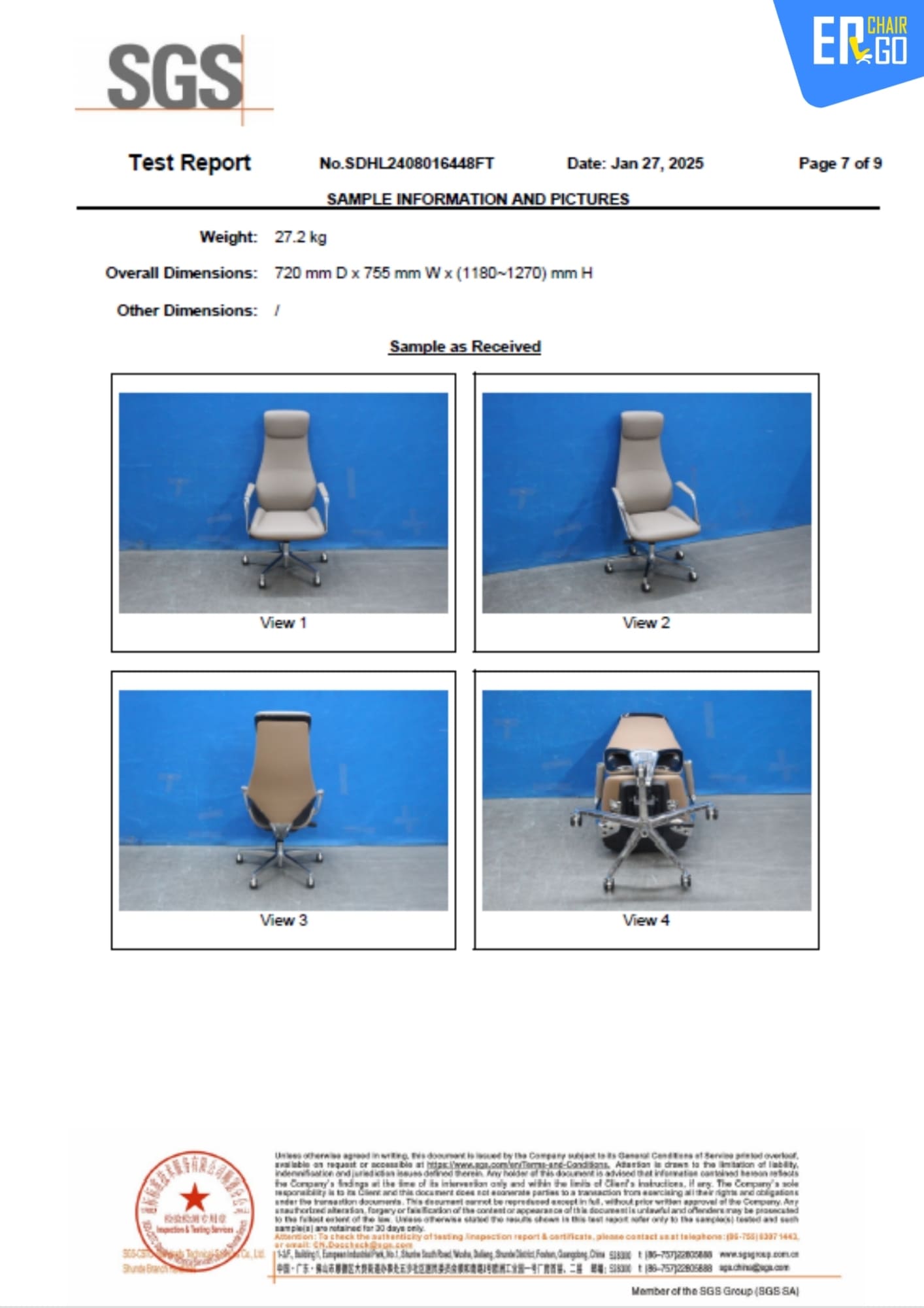 Chứng nhận SGS của Ghế Công Thái Học Giám Đốc B-Chair BP-101J