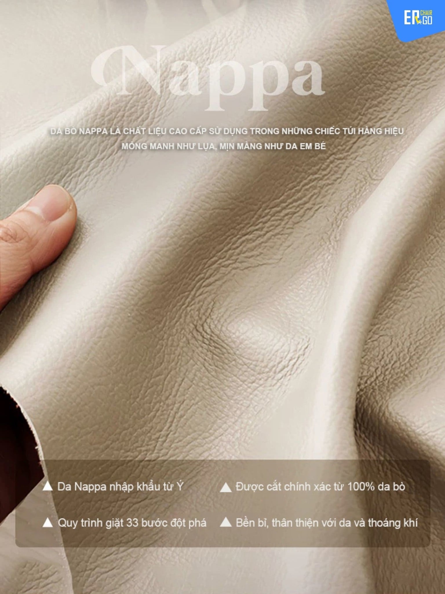 Ghế công thái học B-Chair BC-007F được bọc da bò Nappa nhập khẩu Ý, vân kim cương, bề mặt đục lỗ thoáng khí