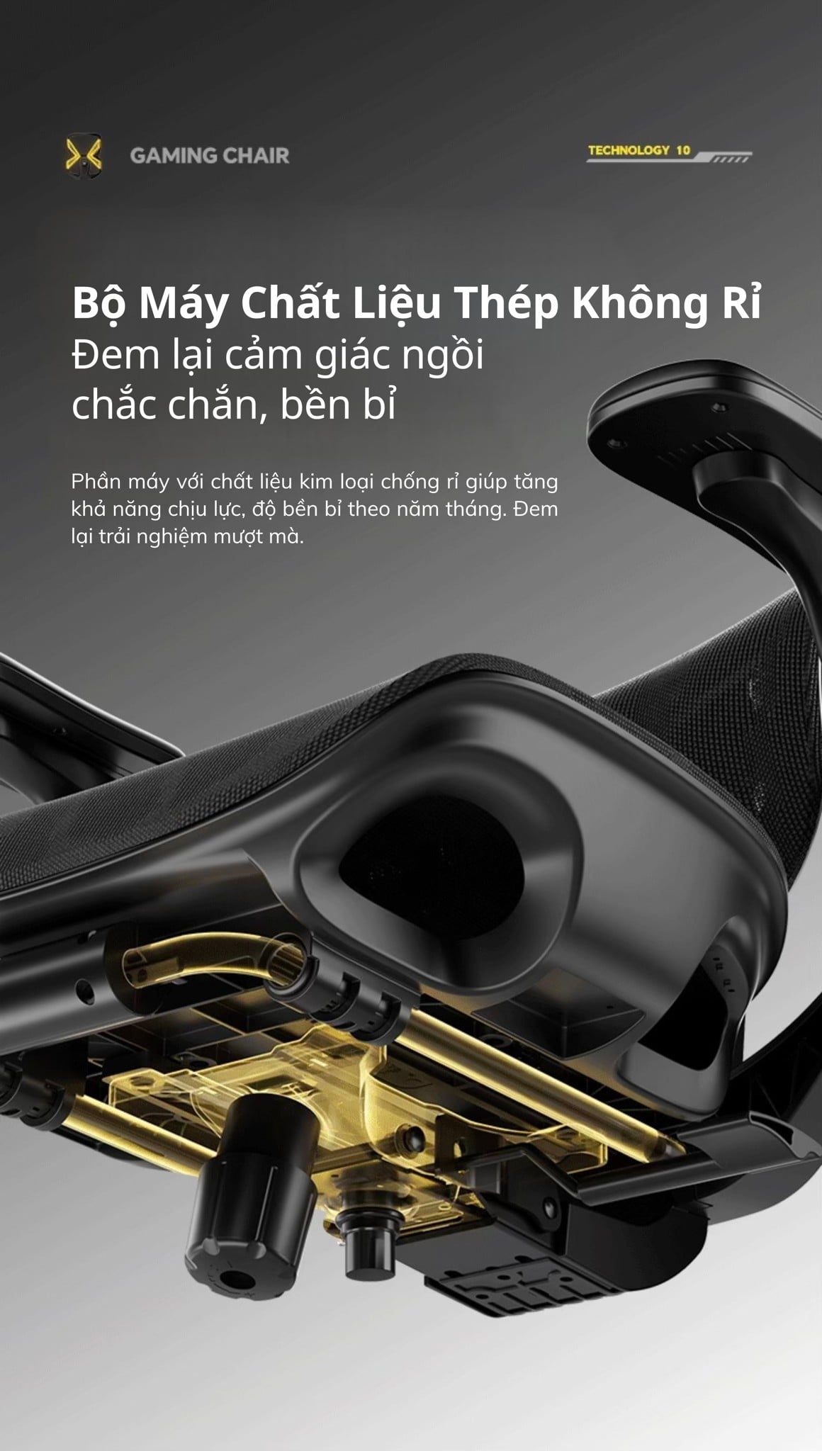 Ghế Công Thái Học Gami X7S (sẵn gác chân) có Khung gầm tích hợp cần nâng hạ và núm xoay chỉnh độ căng ngả lưng