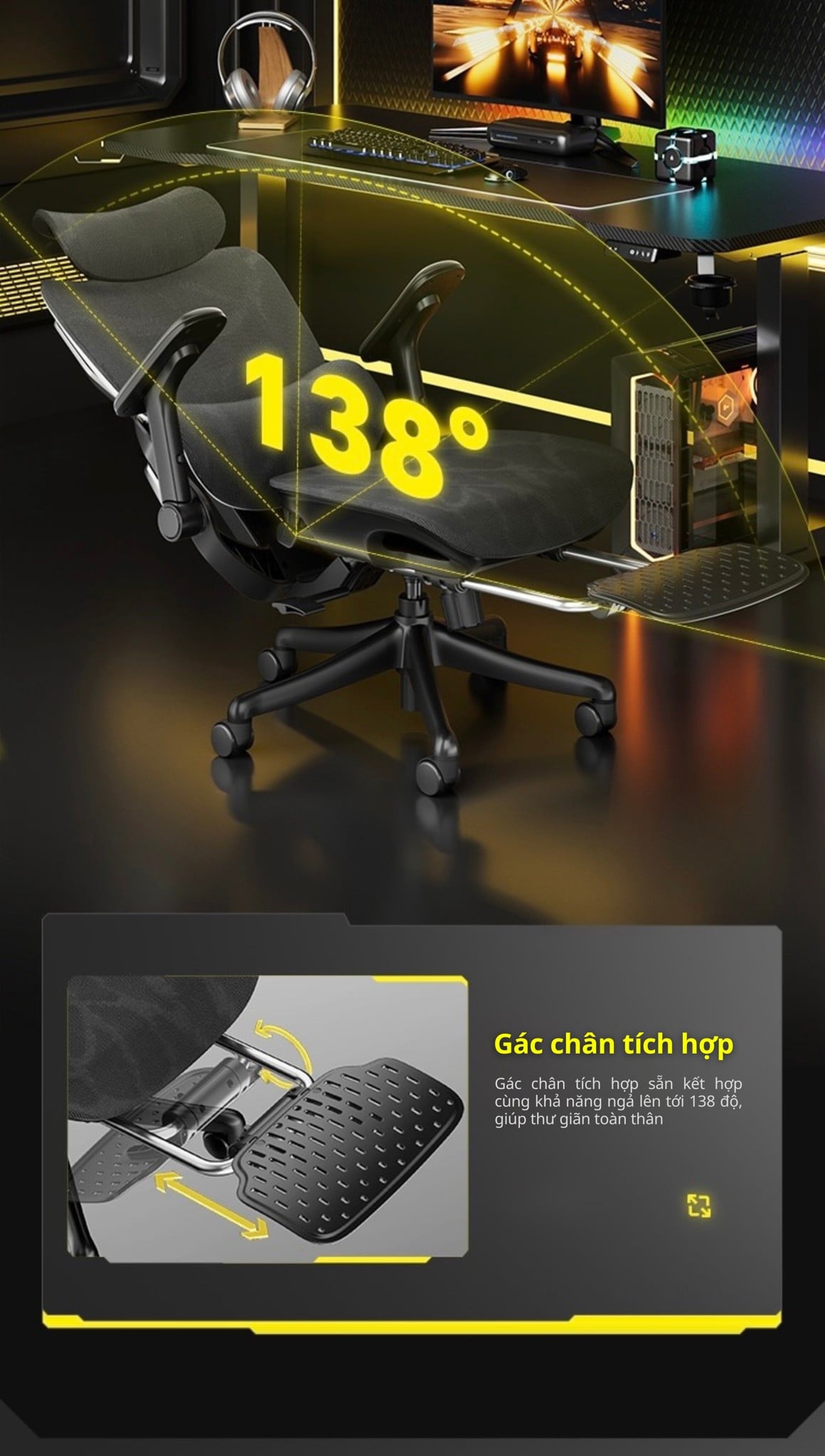 Ghế Công Thái Học Gami X7S (sẵn gác chân) có Khung gầm tích hợp cần nâng hạ và núm xoay chỉnh độ căng ngả lưng