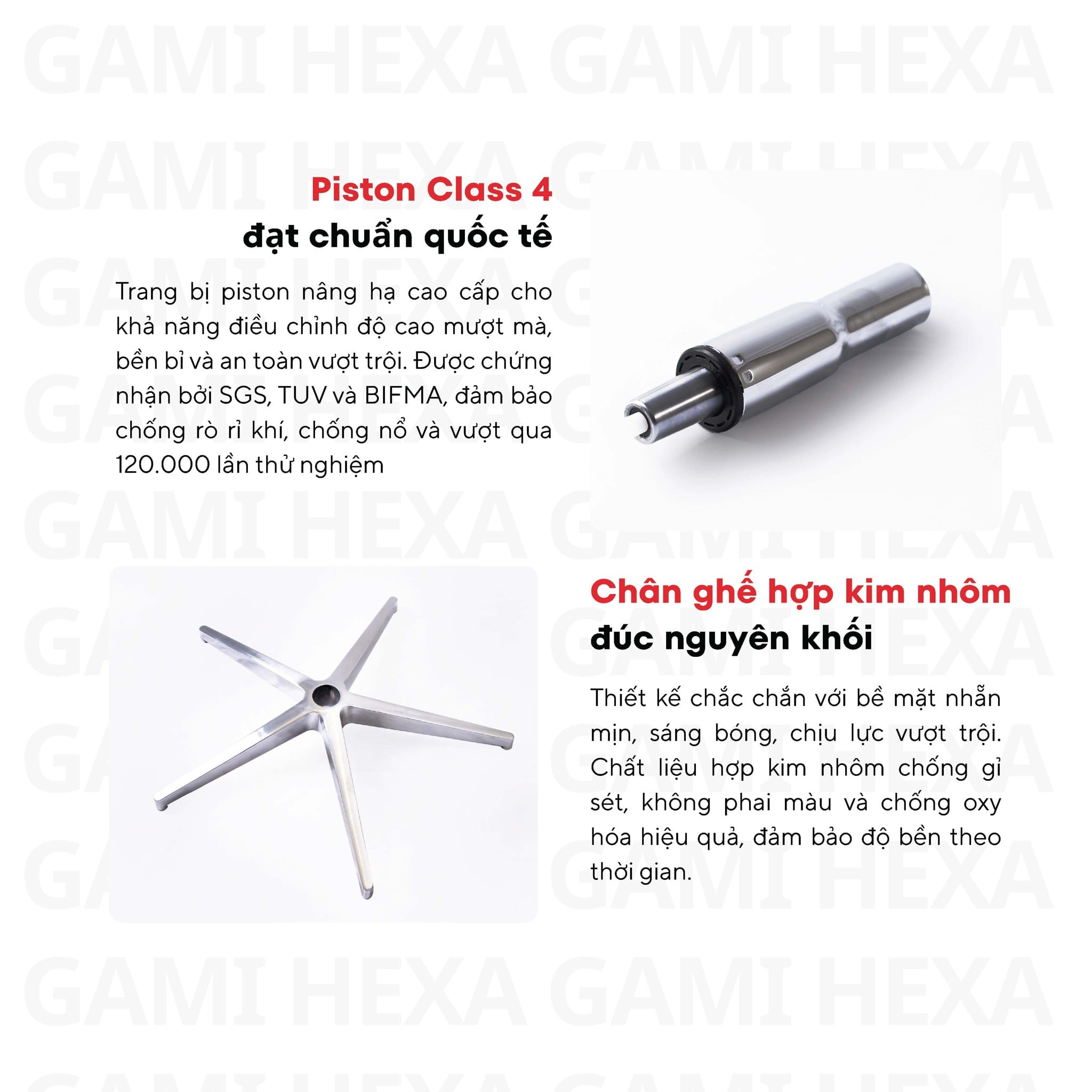Gami Hexa có Piston Class 4 đạt chuẩn SGS, TUV, BIFMA, nâng hạ mượt và an toàn