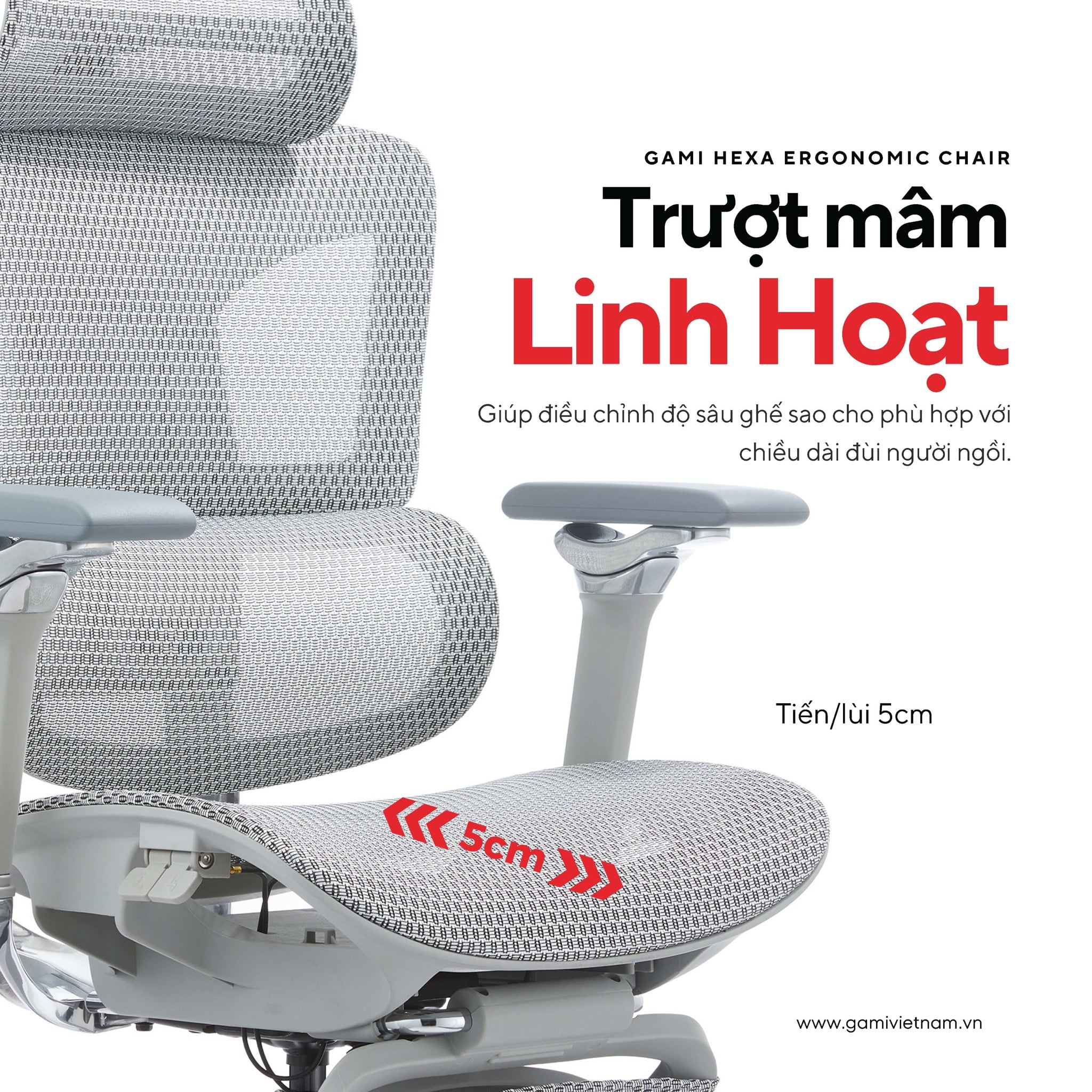 Gami Hexa có Mâm ghế thác nước bọc lưới, trượt tới – lui 5cm