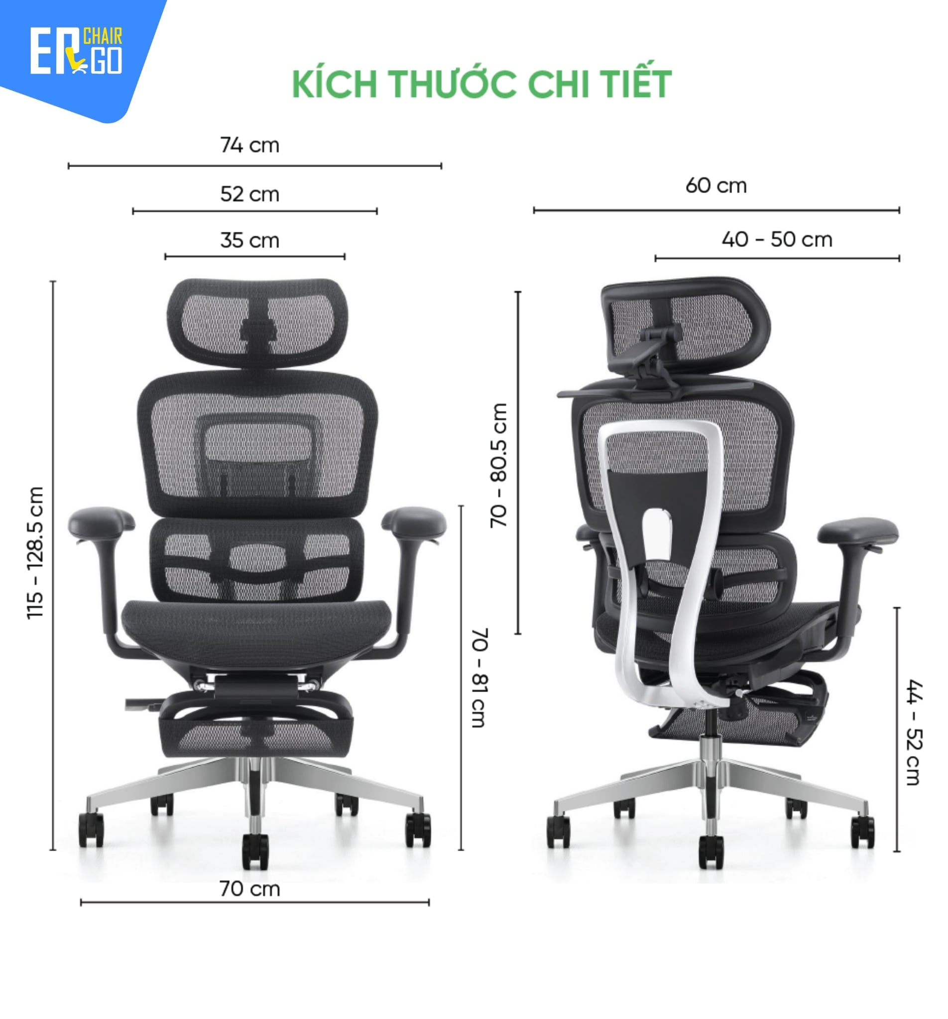 Kích thước của Ghế công thái học Upgen Opus