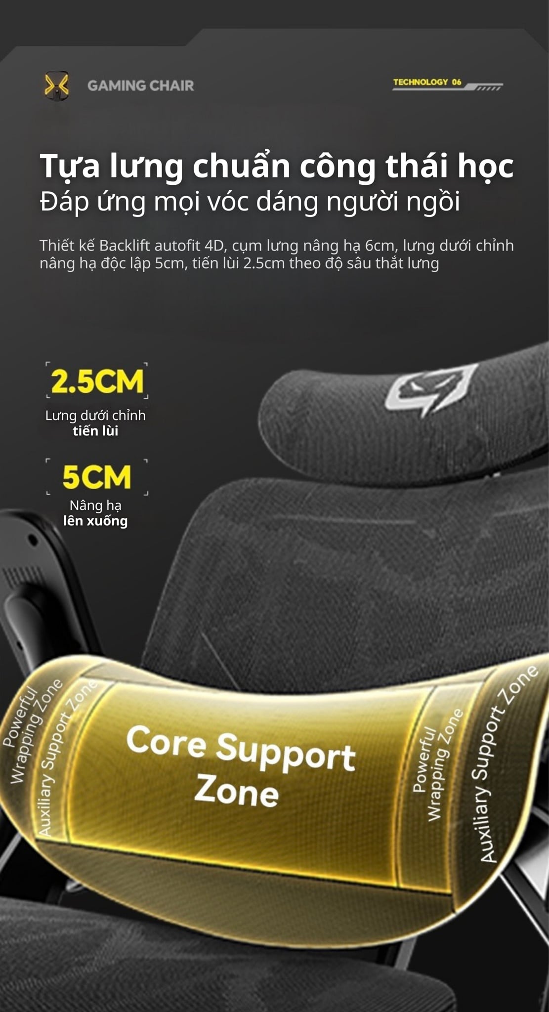 Ghế Công Thái Học Gami X7S (sẵn gác chân) có Khung lưng Backlift Autofit 4D hai tầng đệm, nâng hạ 6cm, điều chỉnh đệm thắt lưng linh hoạt