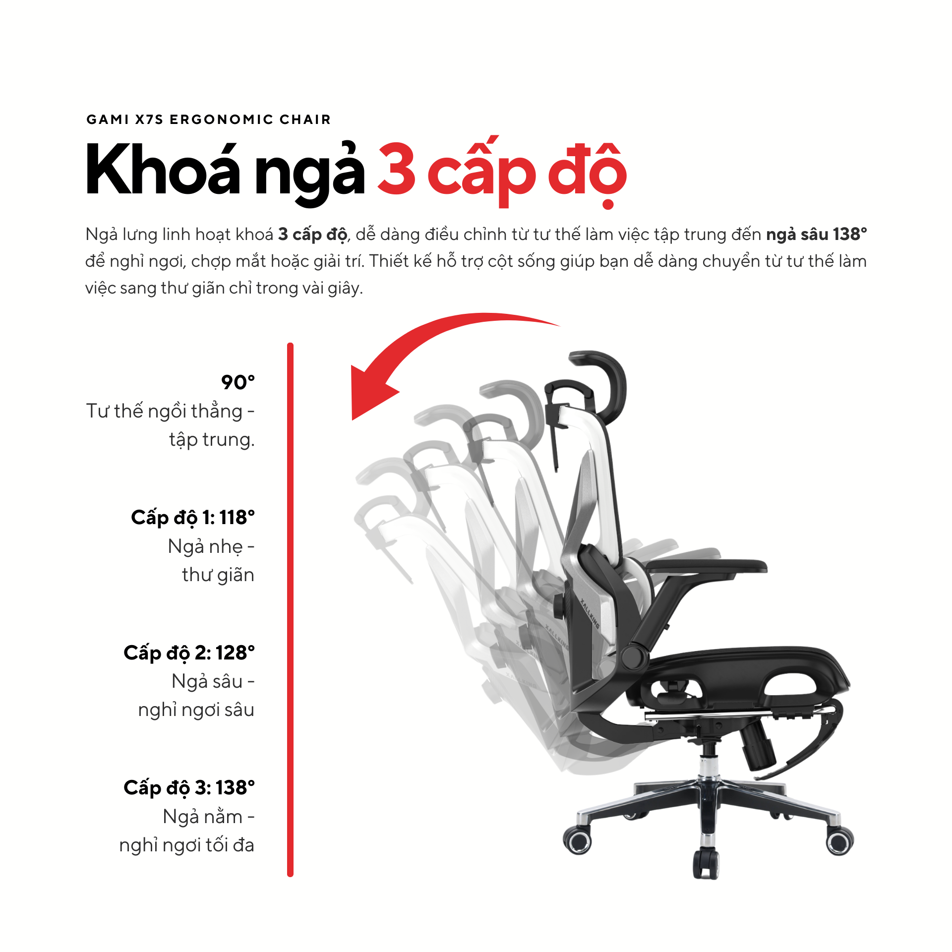 Ghế Công Thái Học Gami X7S (sẵn gác chân) có Khung lưng Backlift Autofit 4D hai tầng đệm, nâng hạ 6cm, điều chỉnh đệm thắt lưng linh hoạt