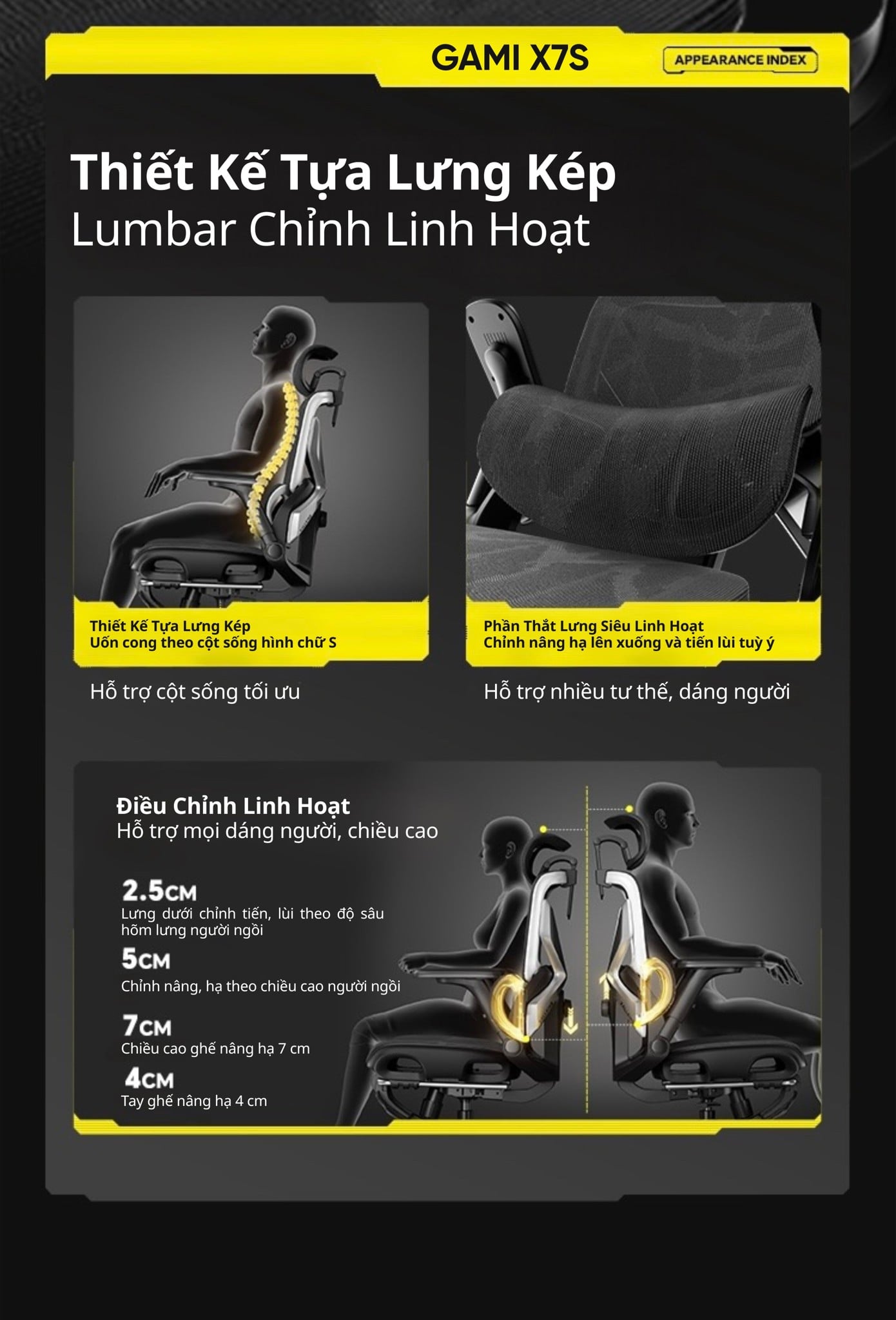Ghế Công Thái Học Gami X7S (sẵn gác chân) có Khung lưng Backlift Autofit 4D hai tầng đệm, nâng hạ 6cm, điều chỉnh đệm thắt lưng linh hoạt