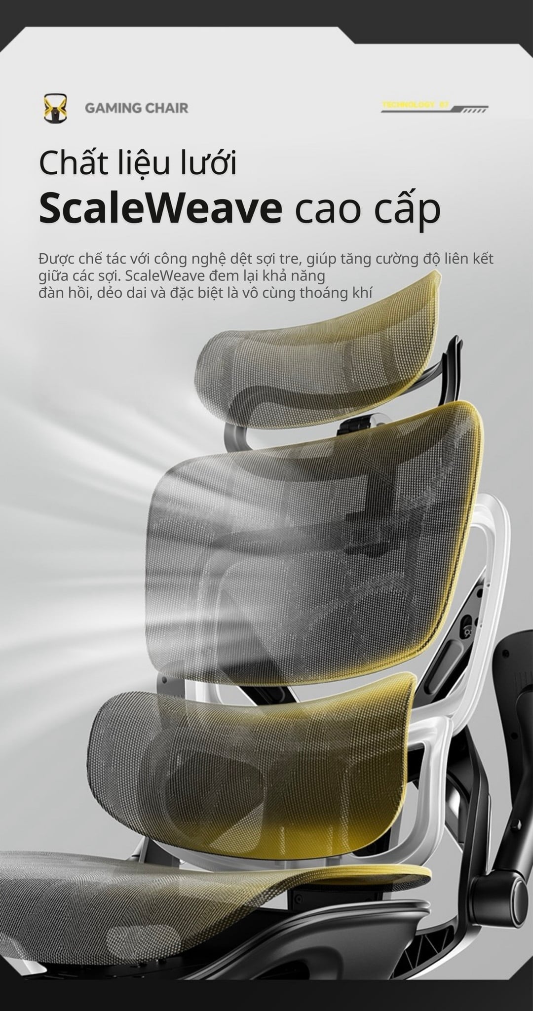 Ghế Công Thái Học Gami X7S (sẵn gác chân) có Lưới ScaleWeave vân rồng đạt chuẩn OEKO-TEX, dệt sợi tre bền bỉ và thoáng khí