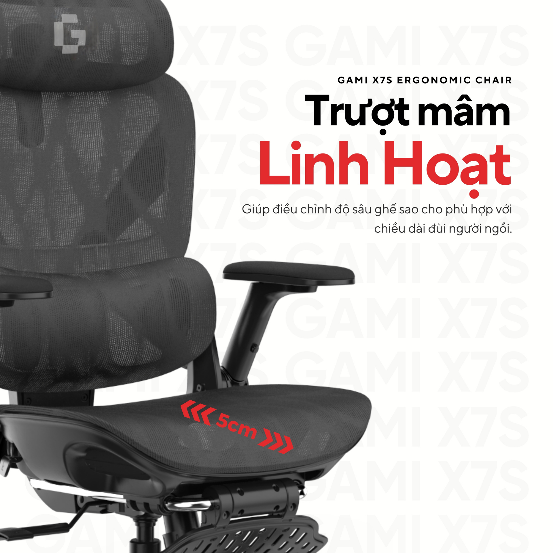 Ghế Công Thái Học Gami X7S (sẵn gác chân) có Mâm ghế thác nước bọc lưới ScaleWeave, trượt tới - lùi 5cm