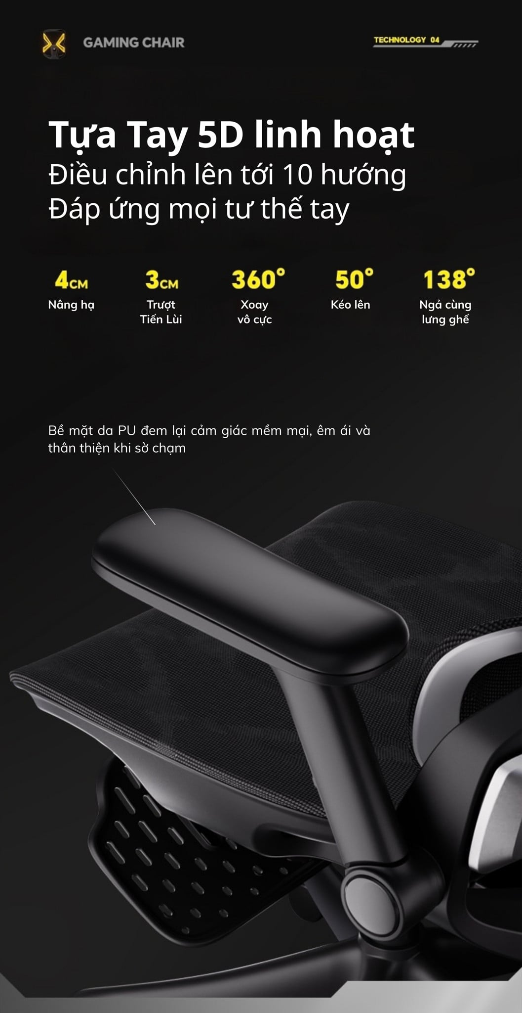 Ghế Công Thái Học Gami X7S (sẵn gác chân) có Tay ghế 5D đa hướng, xoay 360°, nâng hạ 4cm và ngả đồng bộ với lưng ghế