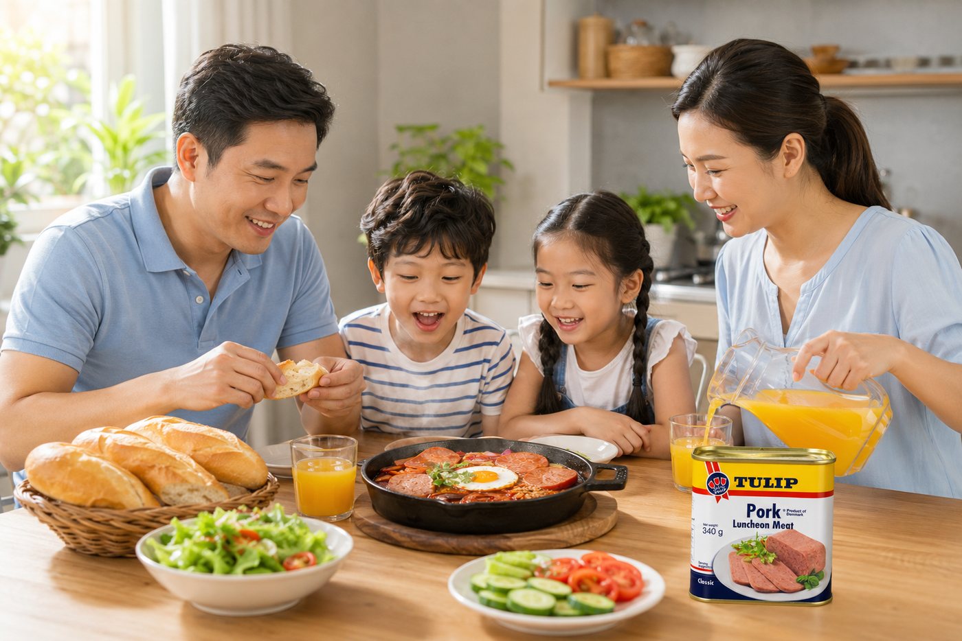 Cả nhà quây quần quanh chảo gang bánh mì áp chảo kiểu Mỹ với thịt hộp Tulip trong bữa sáng cuối tuần