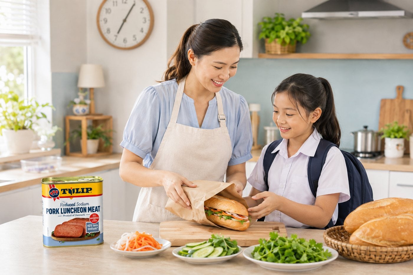 Mẹ gói ổ bánh mì thịt hộp Tulip nướng ngũ vị cho con mang đi học buổi sáng