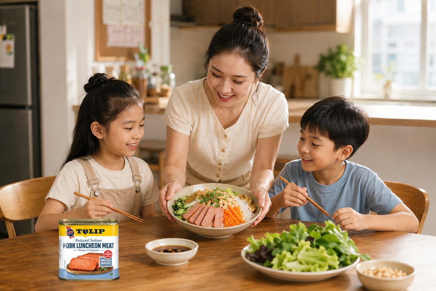 Bữa tối gia đình Việt với tô bún nước tương trộn thịt hộp Tulip, hai con ngồi cùng bàn ăn