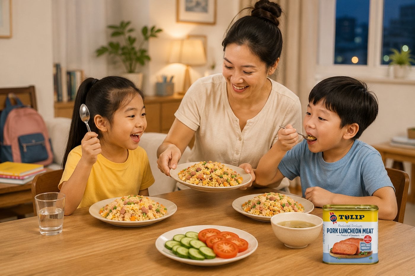 Mẹ dọn đĩa cơm chiên thịt hộp Tulip cho hai con trong bữa tối gia đình mùa tựu trường