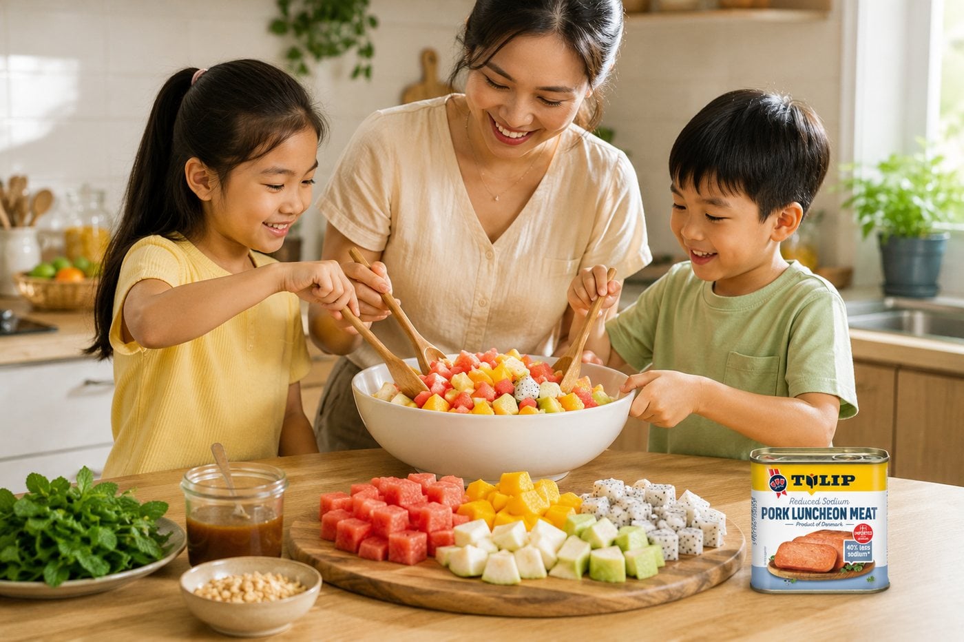 Hai bé cùng mẹ trộn salad trái cây nhiệt đới với thịt hộp Tulip trên bàn bếp buổi chiều