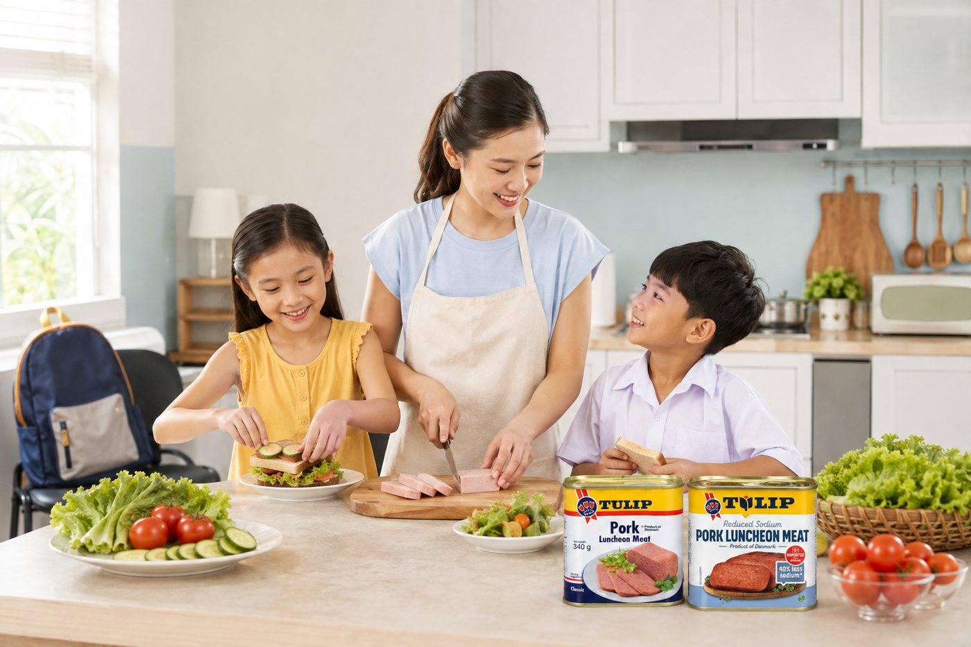 Mẹ và hai con cùng chuẩn bị bữa ăn mùa tựu trường với thịt hộp Tulip trong gian bếp gia đình Việt