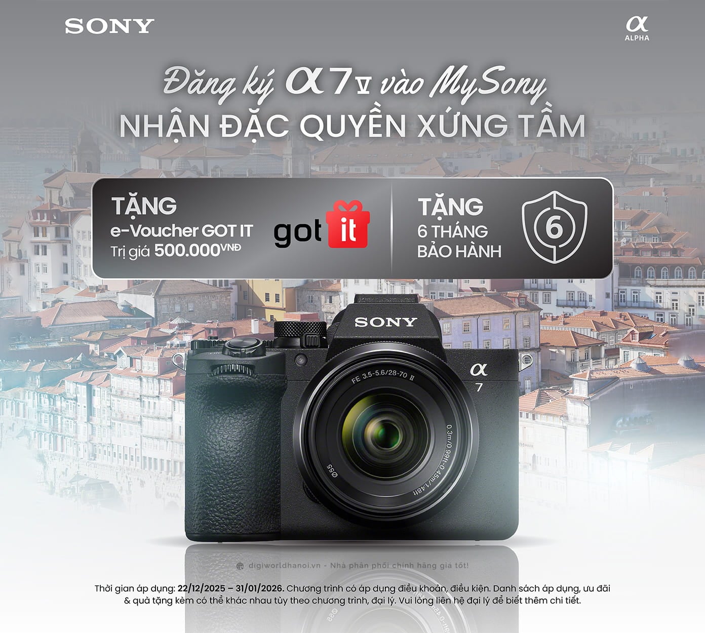 Đăng ký Sony Alpha A7 Mark V vào My Sony, nhận ngay e-Voucher trị giá 500,000đ và 6 tháng bảo hành mở rộng
