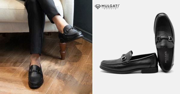 Giày horsebit loafer nam Mulgati khóa kim loại vàng trên nền da đen