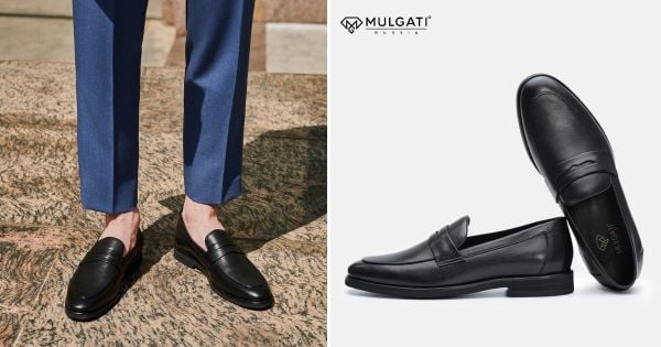 Giày penny loafer nam Mulgati màu đen với rãnh khoét hình thoi trên quai da