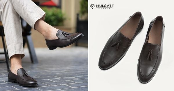 Giày tassel loafer nam da nâu với chùm tua rua cổ điển trên mu giày