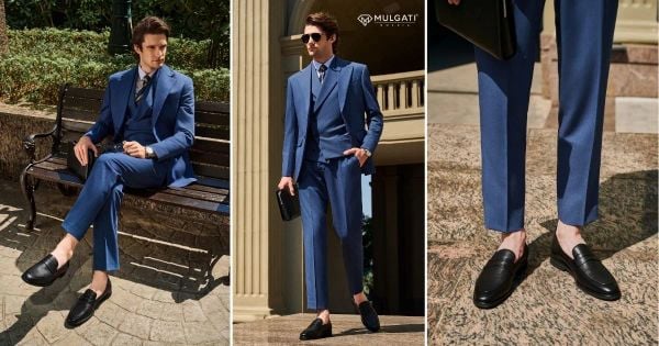 Phối vest xanh navy với giày loafer dự tiệc và sự kiện