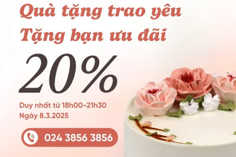Giảm giá 20% bánh kem ngày 8/3 từ 18h-21h30