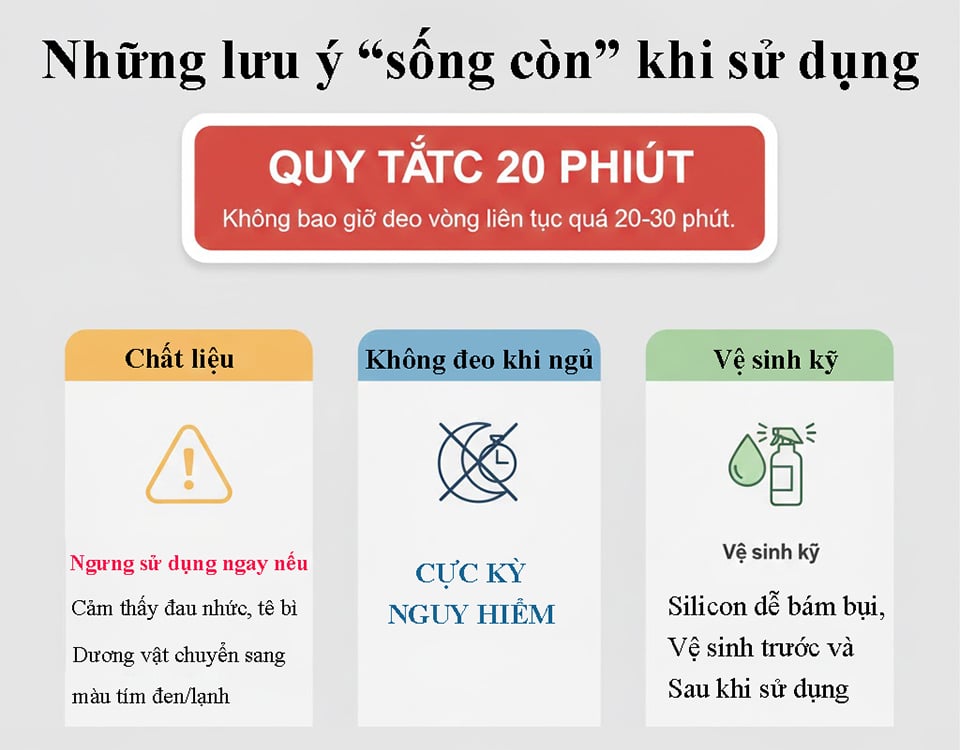 Luôn tuân thủ quy tắc 20 phút và ngưng sử dụng ngay nếu có dấu hiệu bất thường. Tuyệt đối không đeo vòng khi ngủ và luôn giữ vệ sinh sạch sẽ để đảm bảo an toàn tối đa