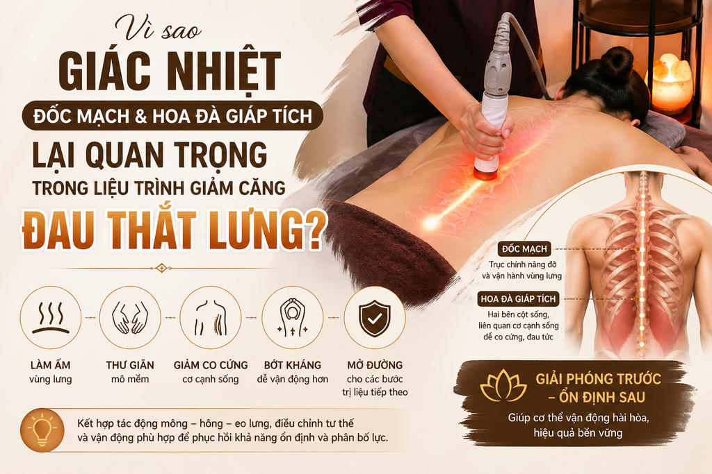 Vì sao giác nhiệt Đốc Mạch và Hoa Đà Giáp Tích lại quan trọng trong liệu trình giảm căng đau thắt lưng?