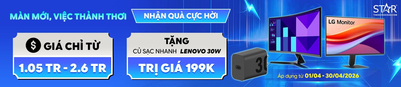 Mua màn mới nhận ngay sạc nhanh Lenovo 30W