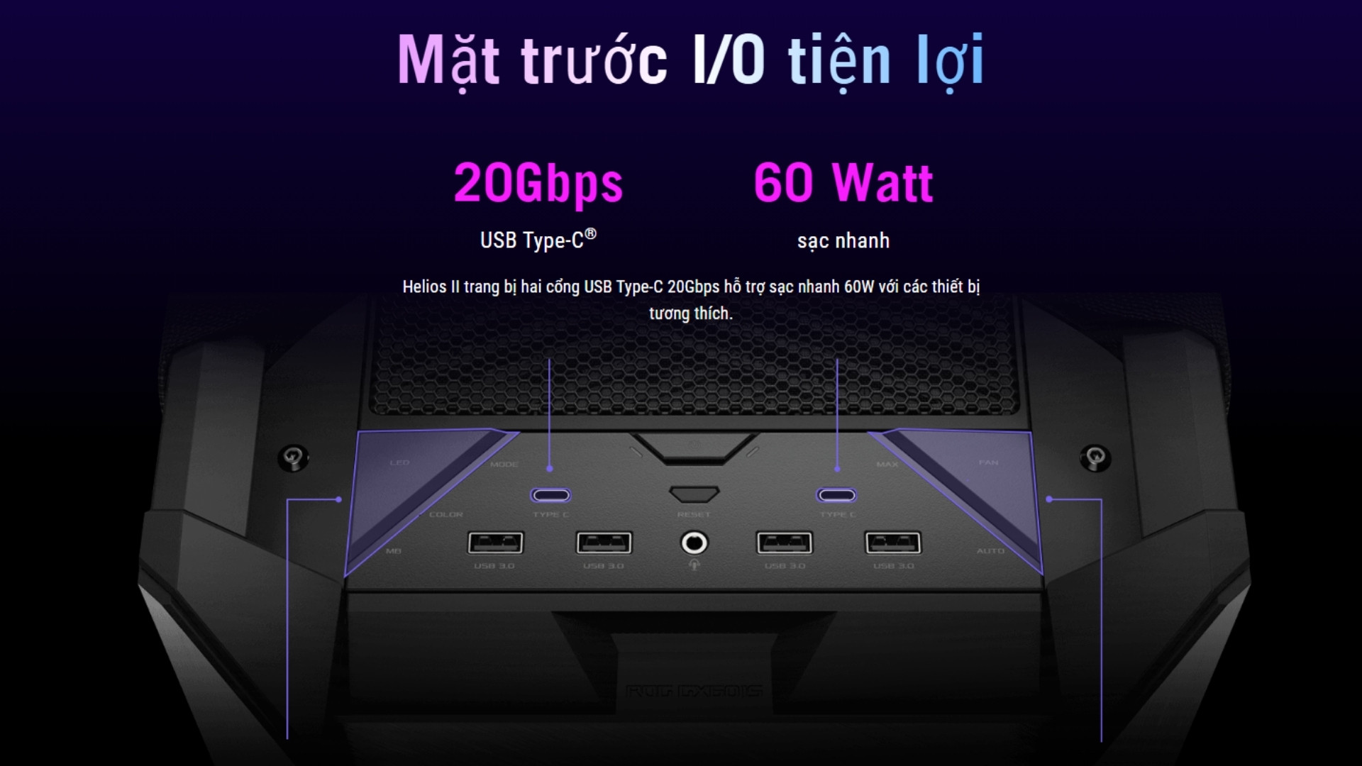 Thùng Máy Asus ROG Strix Helios II GX601S | Kèm Sẵn 4 Fan | Đen&nbsp;-&nbsp;Bảng điều khiển I/O cao cấp