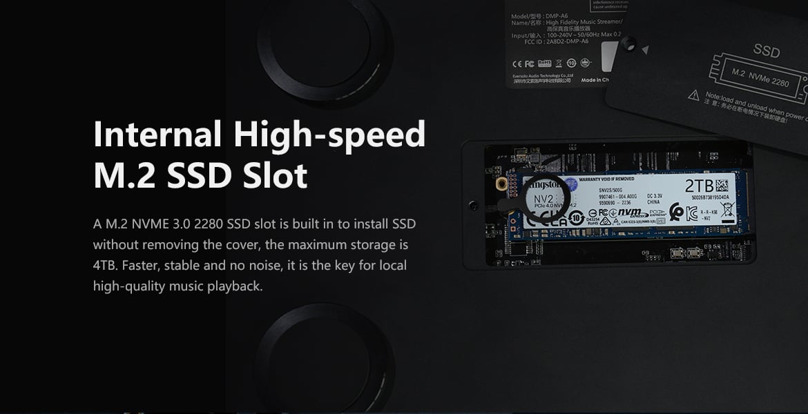 Eversolo DMP-A6 Master Edition – Khe cắm SSD M.2 tốc độ cao bên trong
