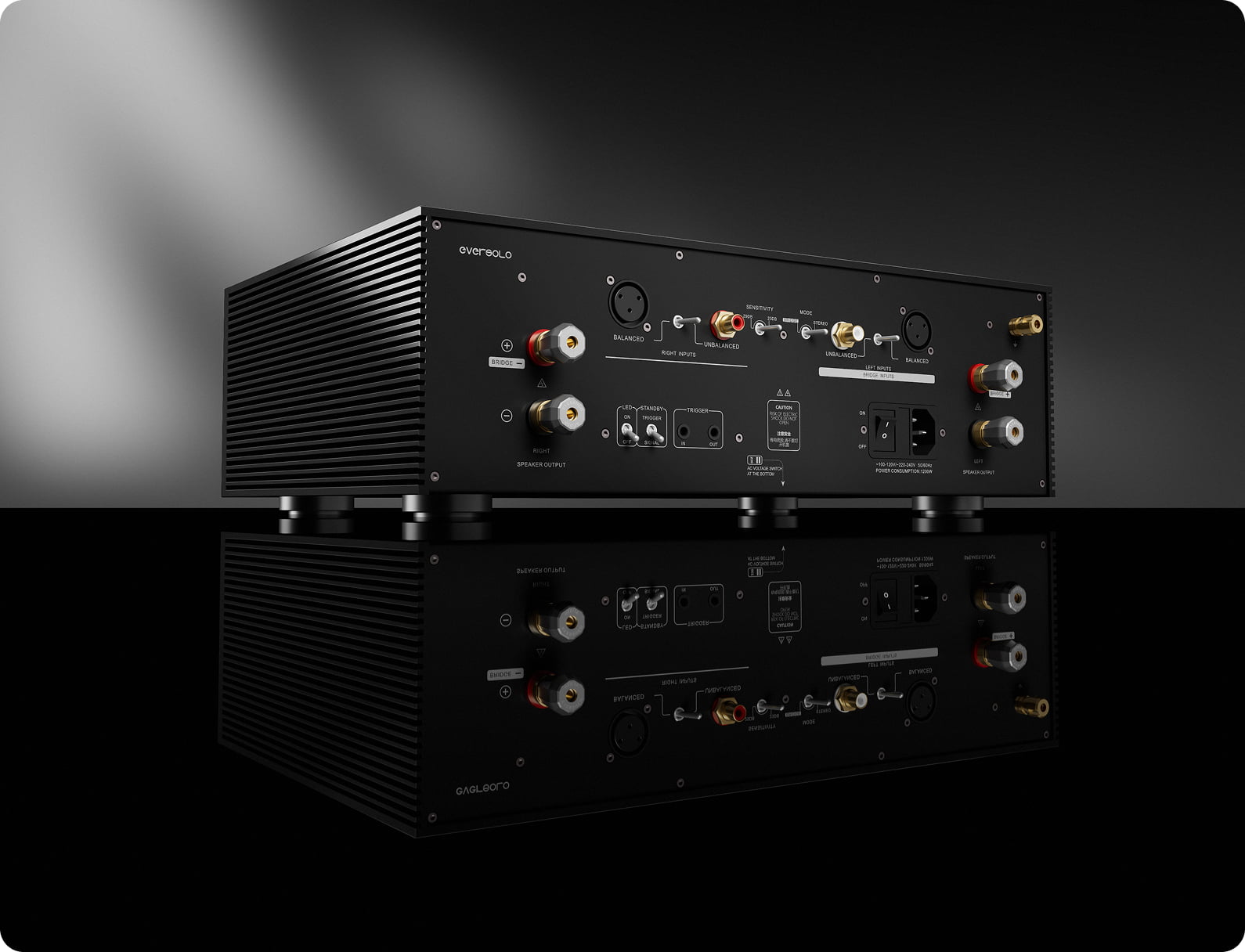 Mặt sau Eversolo AMP-F8 với ngõ vào XLR RCA và cọc loa