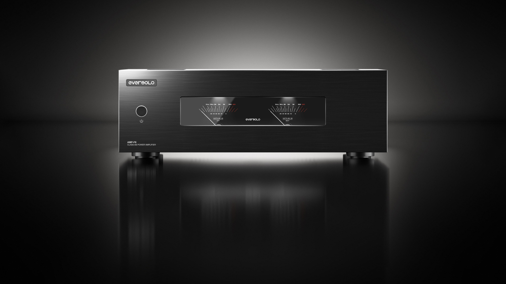Eversolo AMP-F8 với đồng hồ VU analog kép trên nền tối
